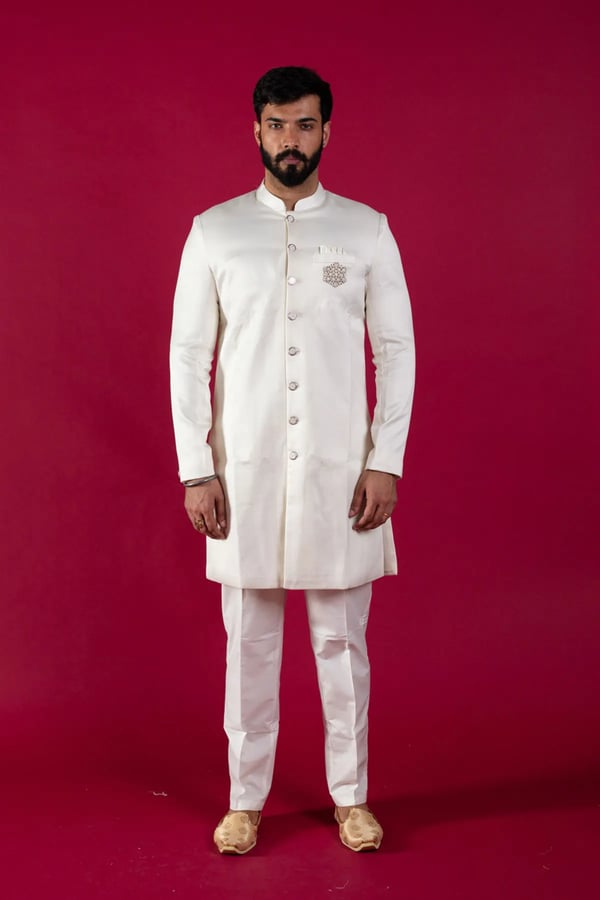 Men's raw silk sherwani set - White, 36