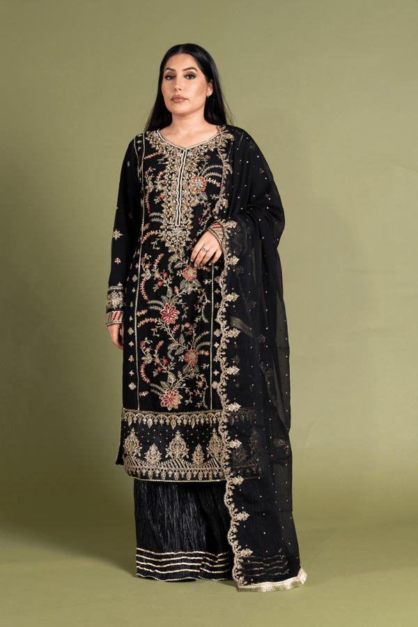 Kashish luxury Eid collection 3 piece embroidered plazo suit - Black, X - Large