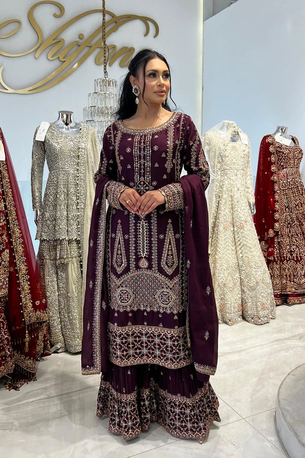 Shiffonz luxury 3 piece chiffon threadwork suit - Purple, 36