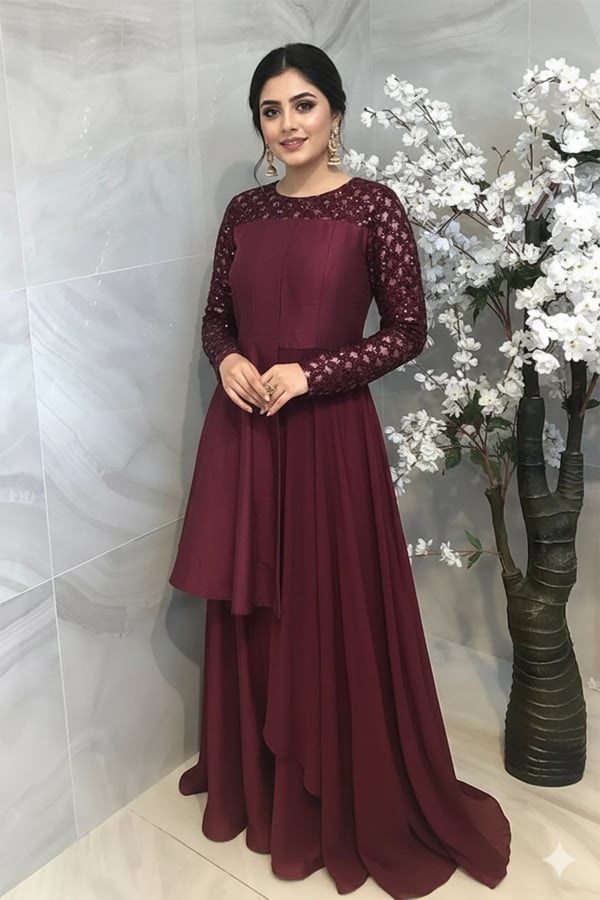 Shiffonz indo western elegant side long tail suit - Plum, Large