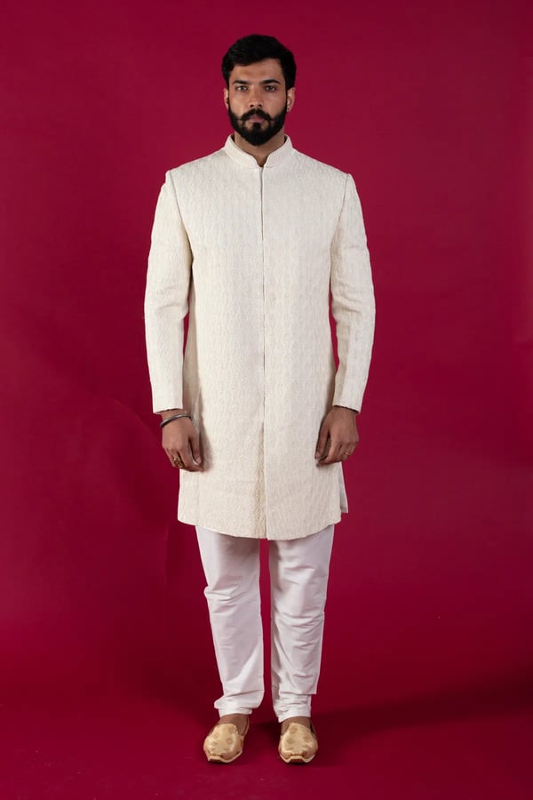 Men's raw silk embroidered sherwani - Cream, 36