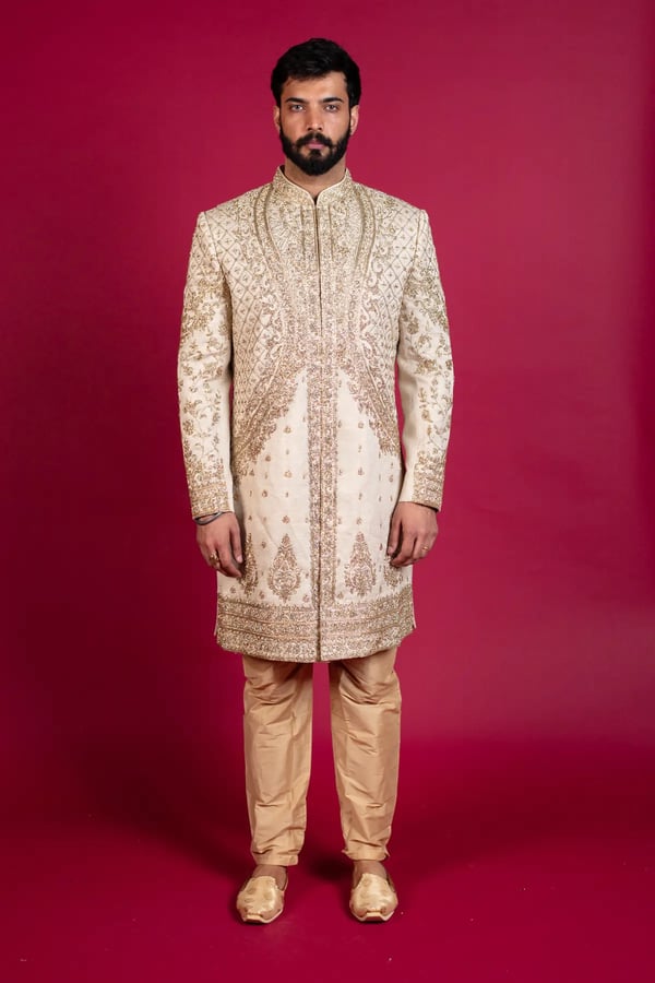 Men's luxury embroidered sherwani - Beige, 36
