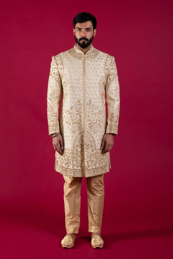 Men's luxury embroidered 2 piece sherwani - Gold, 36