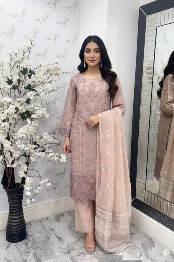 Farzin luxe collection 3 piece embroidered suit - DTPINK, X - Large