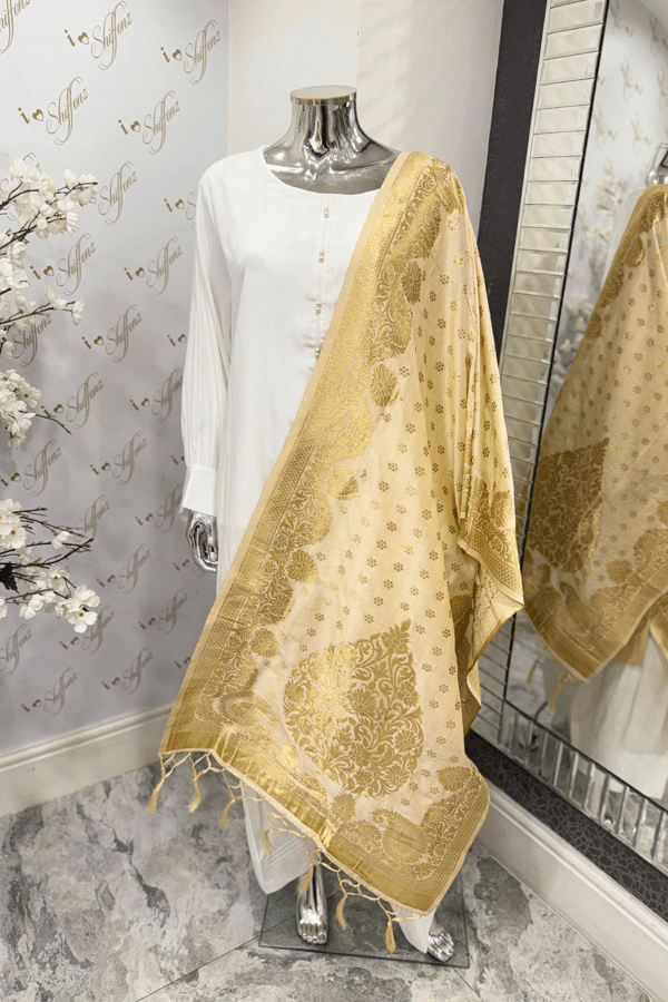 Banarsi luxury printed dupatta - Beige, FREE SIZE