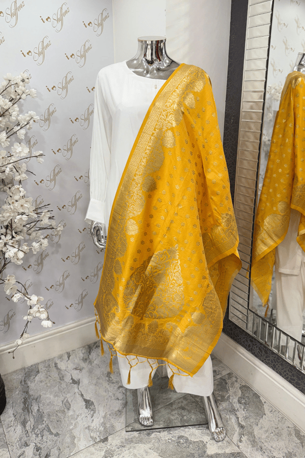 Banarsi luxury printed dupatta - Yellow, FREE SIZE