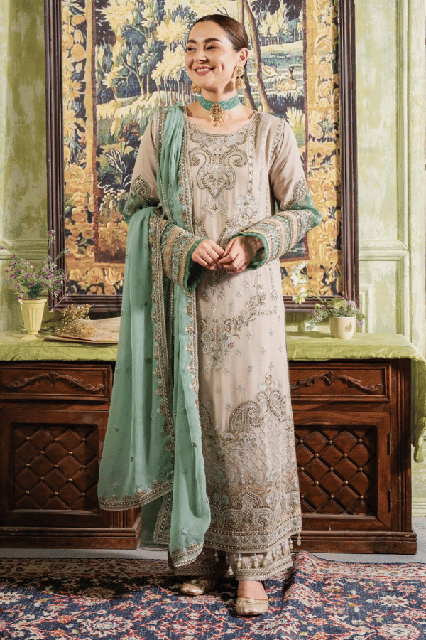 Hania Amir collection 3 piece Beena embroidered suit - LMINT, X - Large