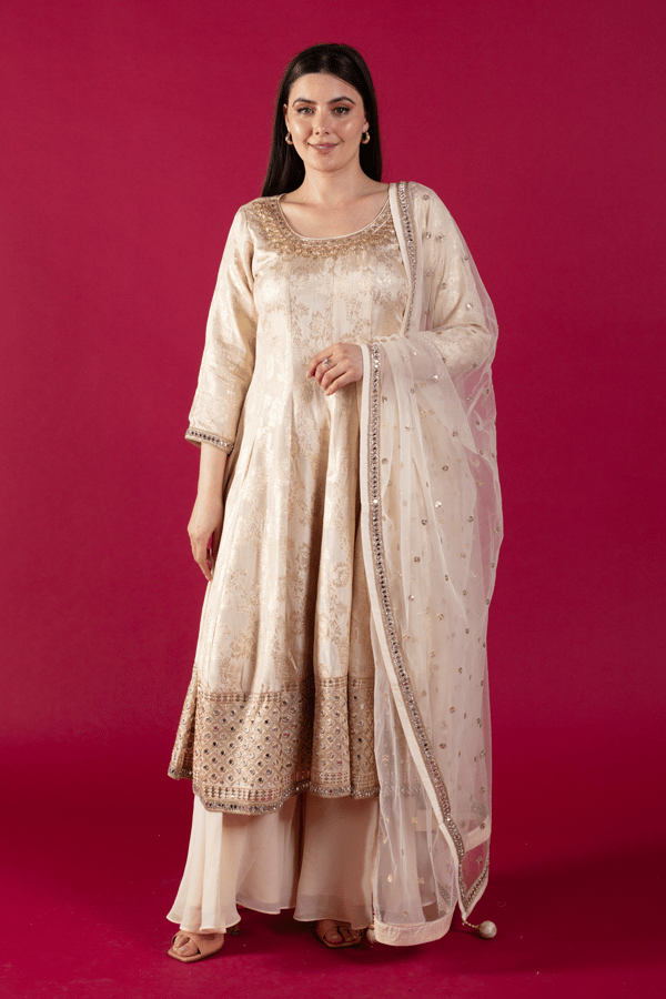 Shiffonz 3 piece peplum dress with sharara suit - Beige, Large