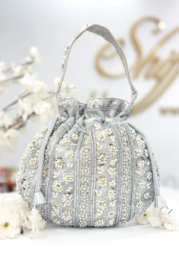 Shiffonz luxury embroidered potli purse - Silver, FS