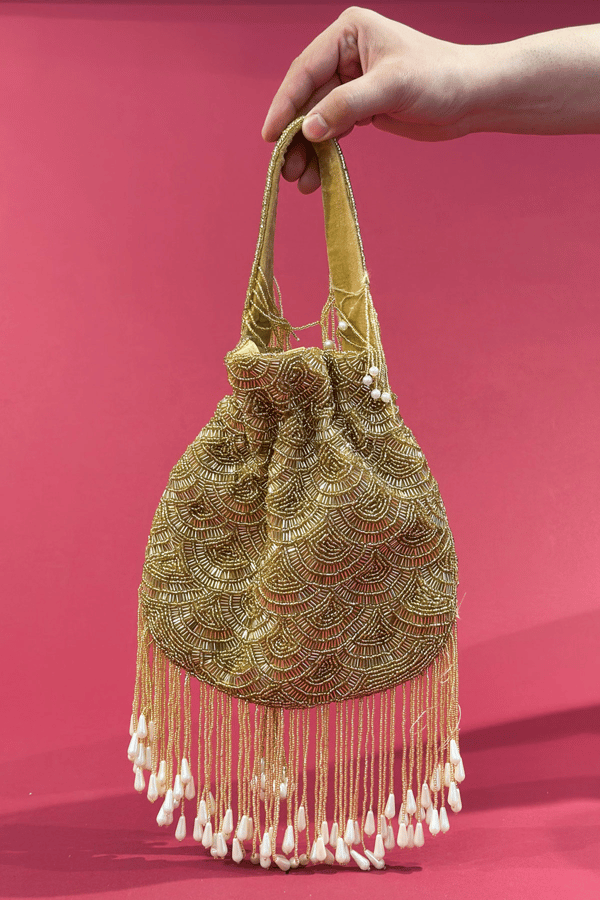 Motif embroidered potli purse - Gold, FREE SIZE