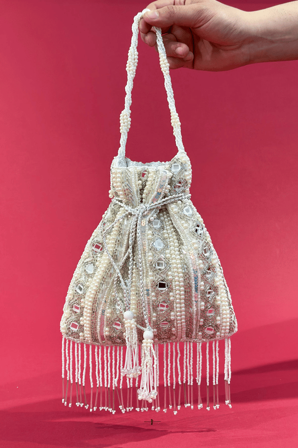 Motif embroidered potli pouch - Cream, FREE SIZE