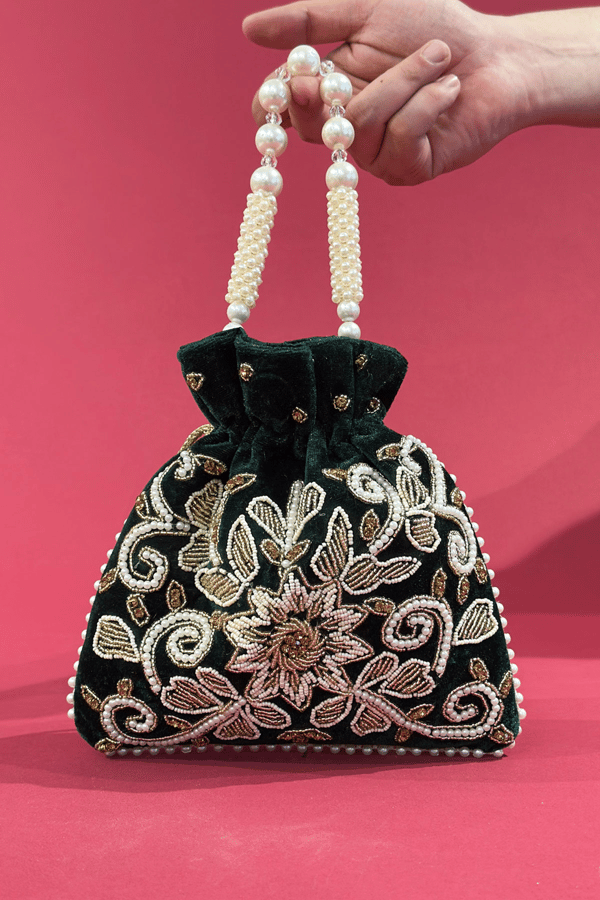 Shiffonz velvet embroidered potli bag - Green, FS