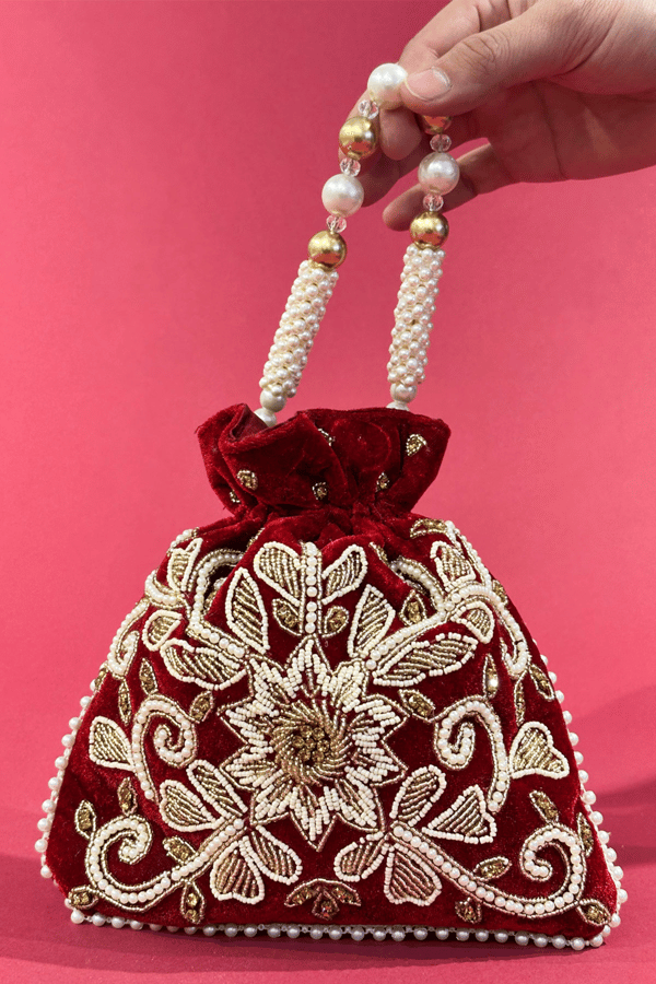 Shiffonz velvet embroidered potli bag - Maroon, FS