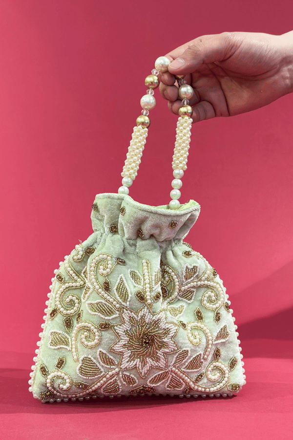 Shiffonz velvet embroidered potli bag - Mint, FS