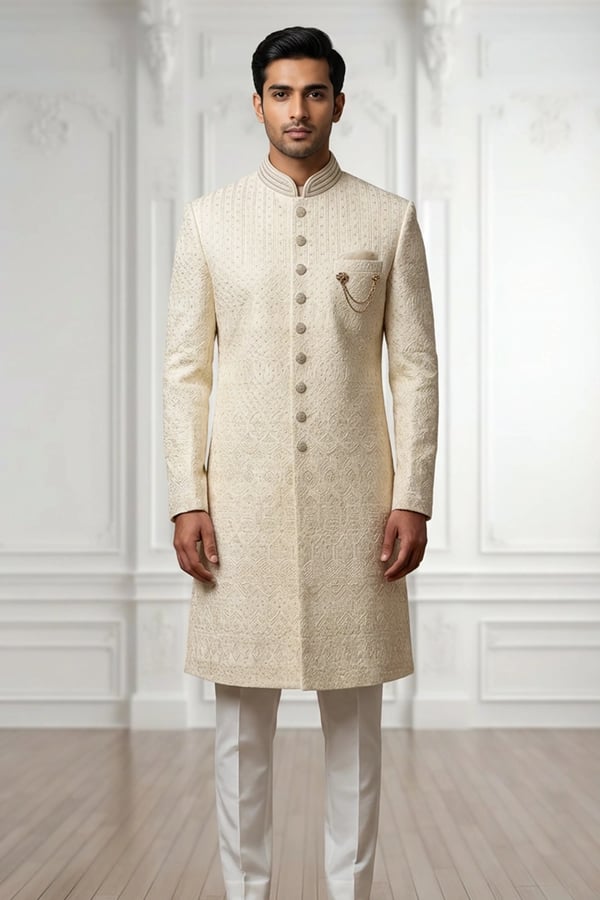 Men's luxe sherwani with trouser - OWHITE, 34