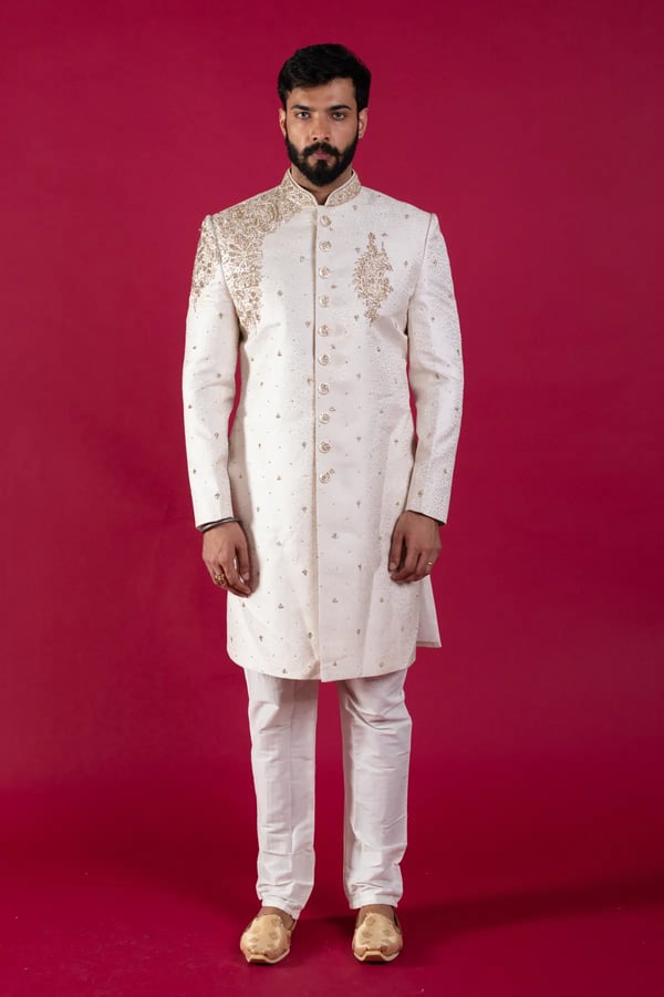 Jacquard men's embroidered sherwani - OWHITE, 36