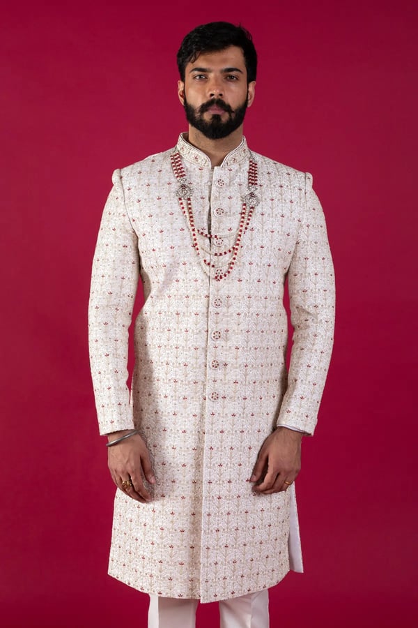 Men's patterned embroidered sherwani - Cream, 36