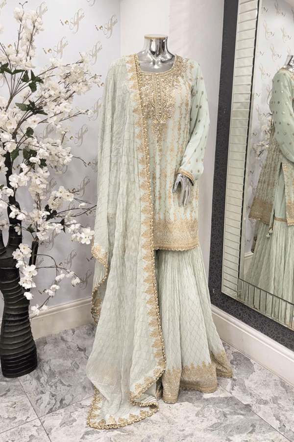 Parwan premium luxe collection 3 piece embroidered suit - SGREEN, 36