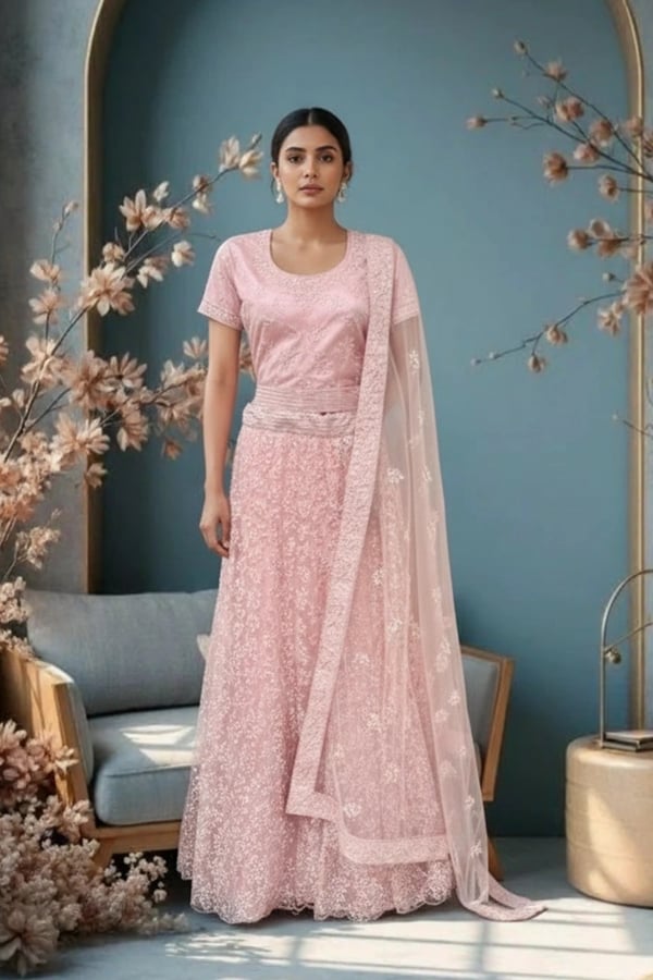 Shiffonz net embroidered lengha choli - Pink, 38
