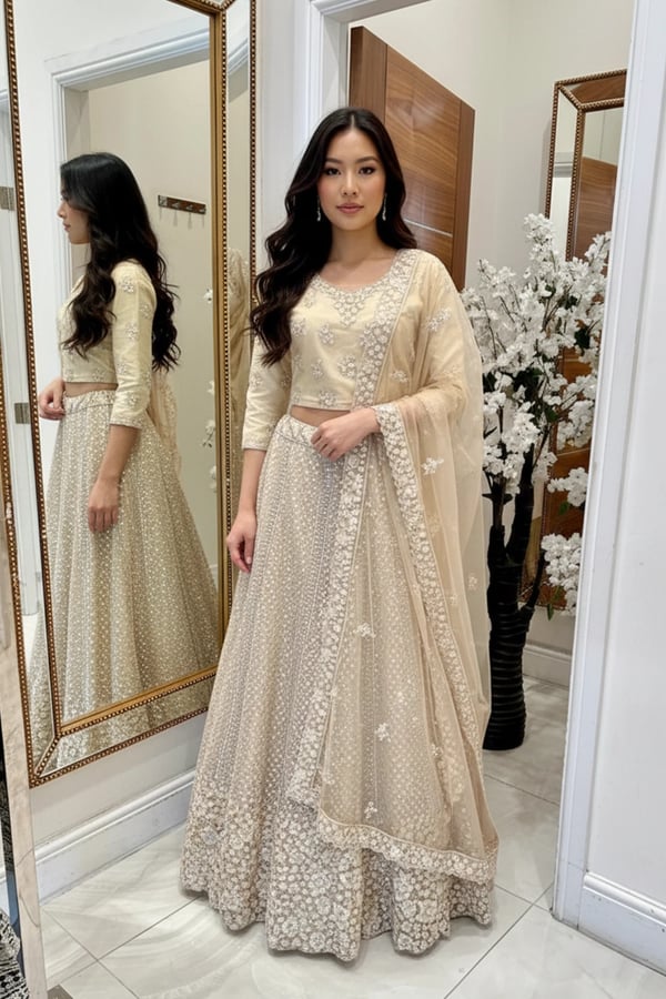 Shiffonz net embroidered lengha choli - Cream, 40