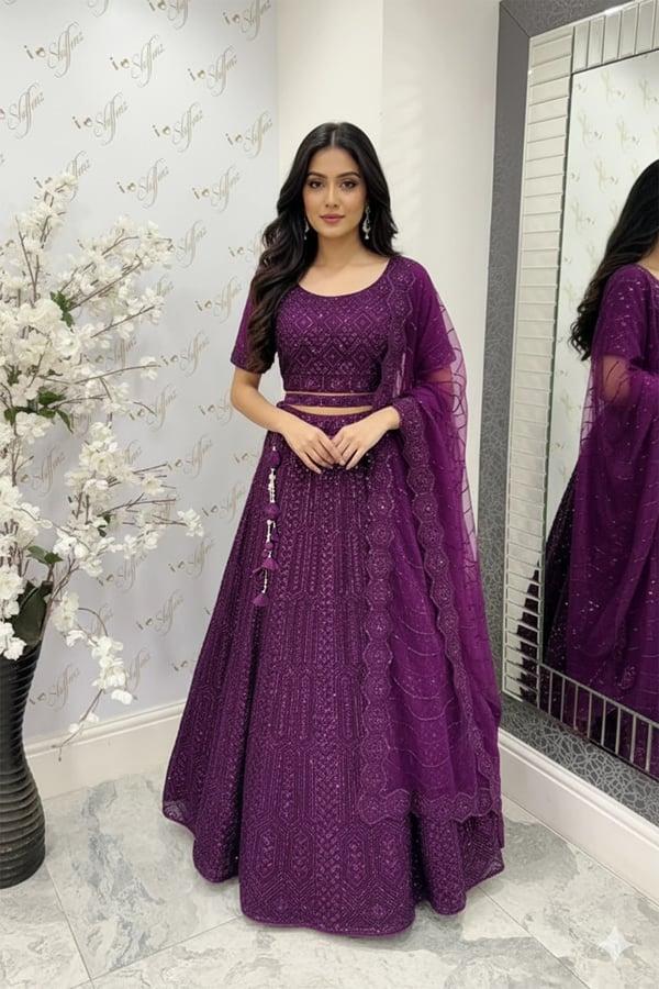 Shiffonz 3 piece net embroidered luxury lengha choli - Purple, 40