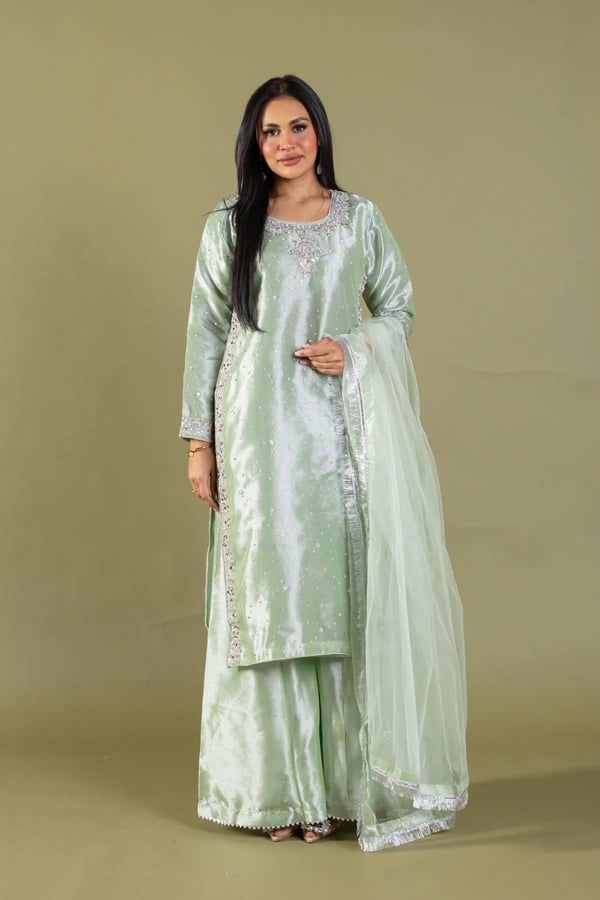 Emre collection 3 piece raw silk embroidered suit - Mint, X - Large