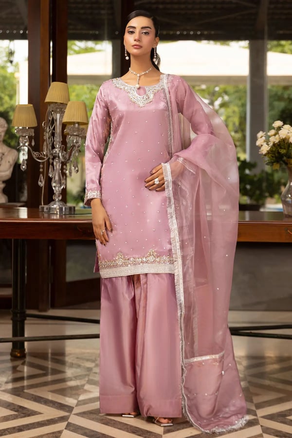 Hussain Rehar luxe 3 piece farshi shalwar collection - Lilac, X - Large