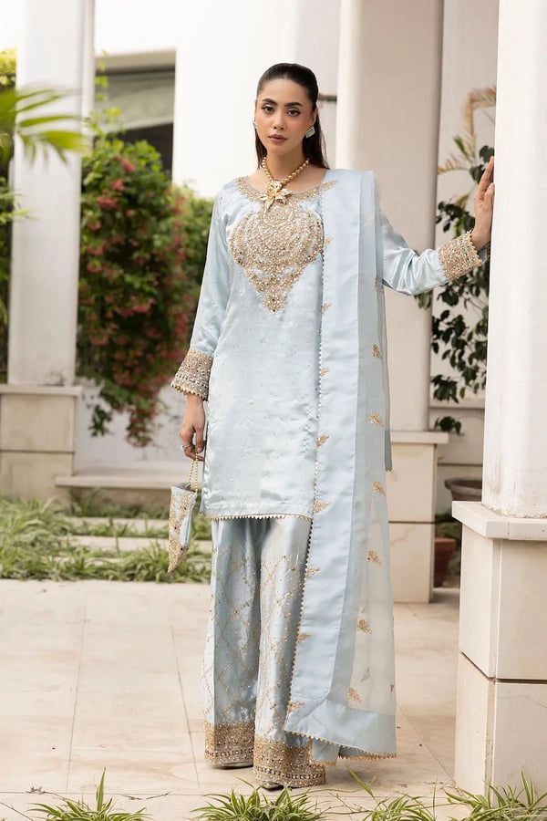 Hussain Rehar luxe collection farshi shalwar suit - LBLUE, X - Large