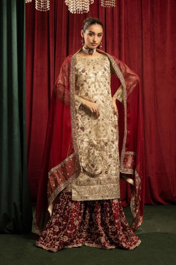 Mia k collection 3 piece luxury embroidered farshi lengha suit