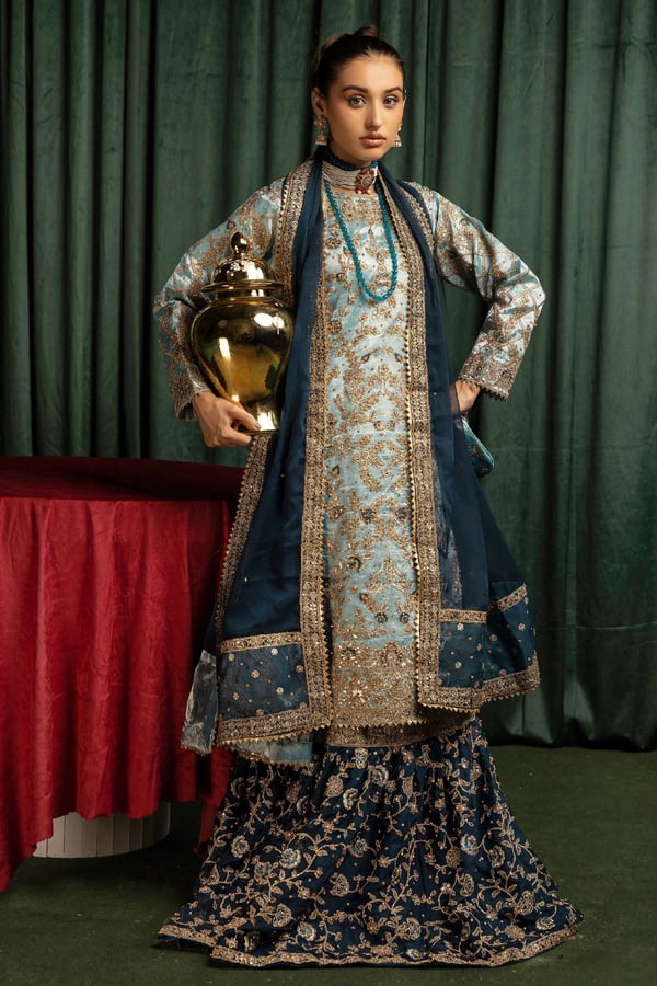 Mia k collection 3 piece luxury embroidered farshi lengha suit - Blue, X - Large