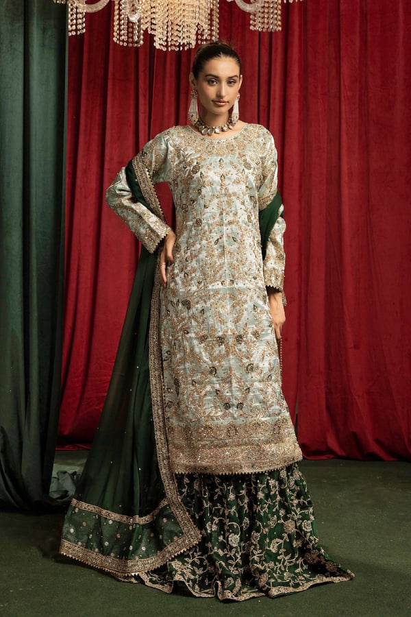 Mia k collection 3 piece luxury embroidered farshi lengha suit - SGREEN, X - Large
