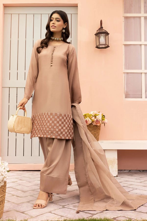 Farshi 3 piece Eid 2025 mother and daughter shalwar kameez - LBROWN, Large