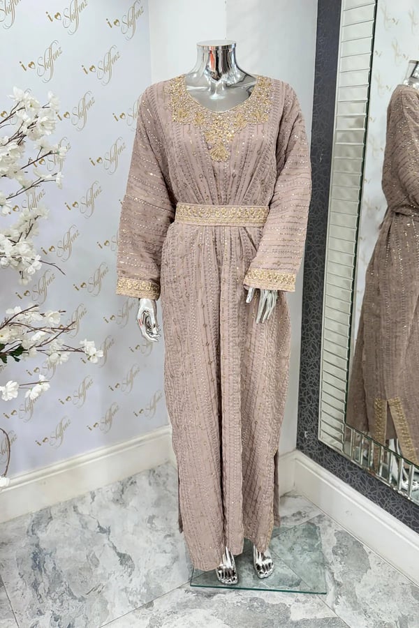 Jeem collection embroidered 2 piece kaftan set - Mauve, FREE SIZE