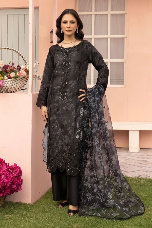 Charisma collection 3 piece organza printed suit - Black, X - Large