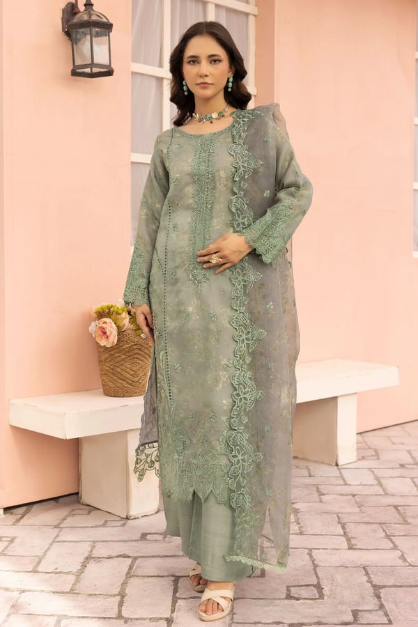 Charisma collection 3 piece organza printed suit - Green, X - Large