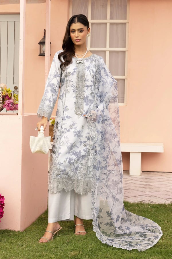 Charisma collection 3 piece organza printed suit - LBLUE, X - Large
