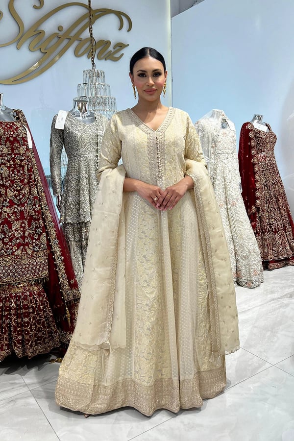 Shiffonz 2 piece luxury banarsi embroidered gown - Beige, 36