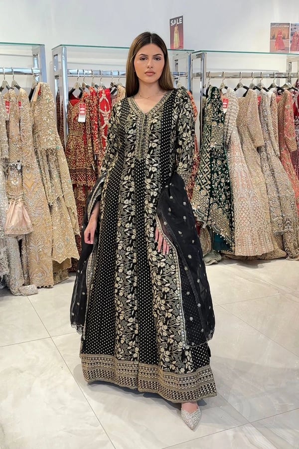 Shiffonz 2 piece luxury banarsi embroidered gown - Black, 36