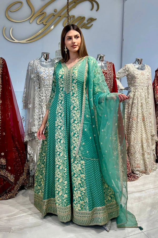 Shiffonz 2 piece luxury banarsi embroidered gown - Green, 44