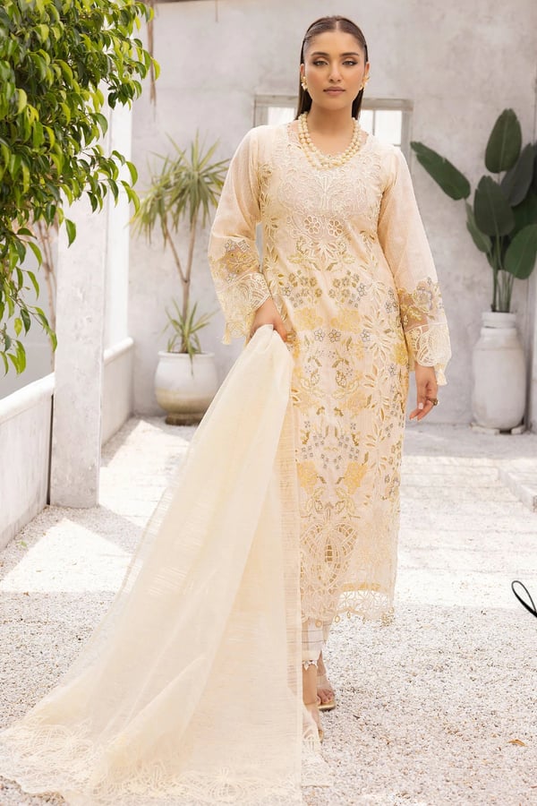 Jazmin Luxe collection 3 piece embroidered suit - Cream, X - Large