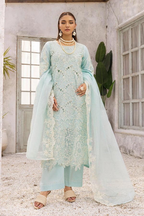 Jazmin lux collection 3 piece chikan kari suit - SBLUE, X - Large