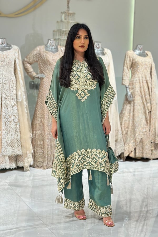Parwan premium luxe embroidered kaftan collection - Green, FS