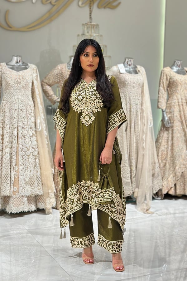 Parwan premium luxe embroidered kaftan collection - MEHNDI, FS