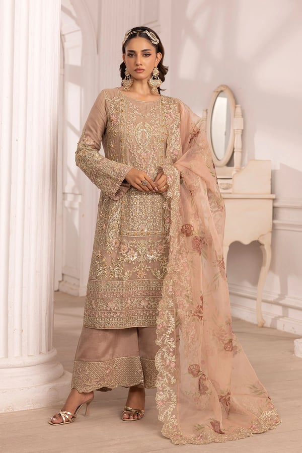 Crimson Astel luxe 3 piece embroidered collection - Beige, X - Large