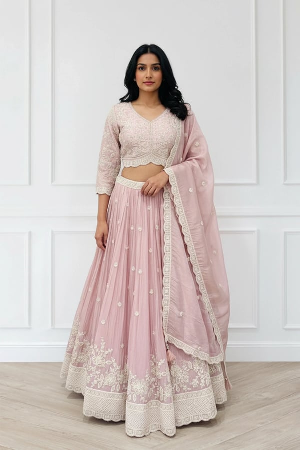 Shiffonz luxe 3 piece embroidered lengha choli - Pink, 36