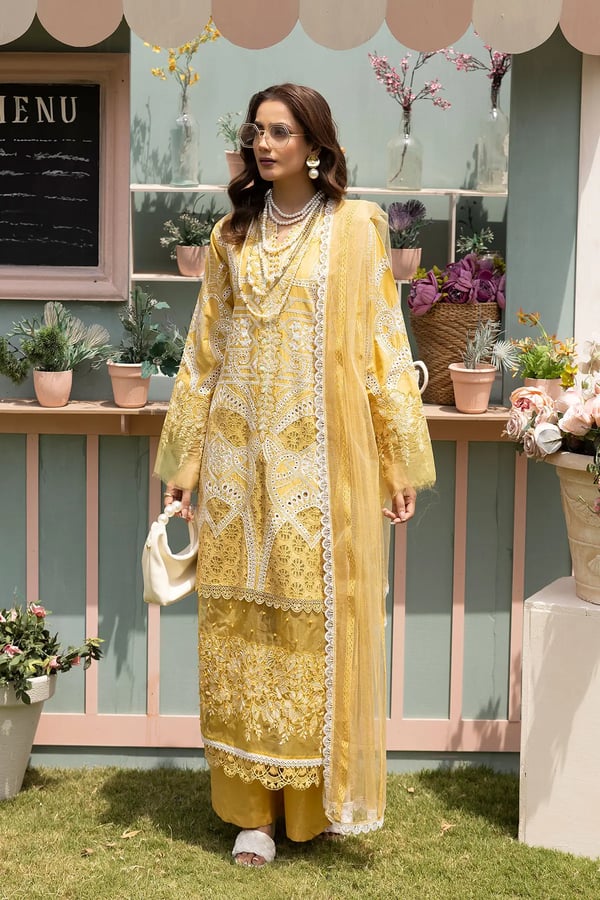 Maria luxe collection 3 piece embroidered suit - Yellow, X - Large