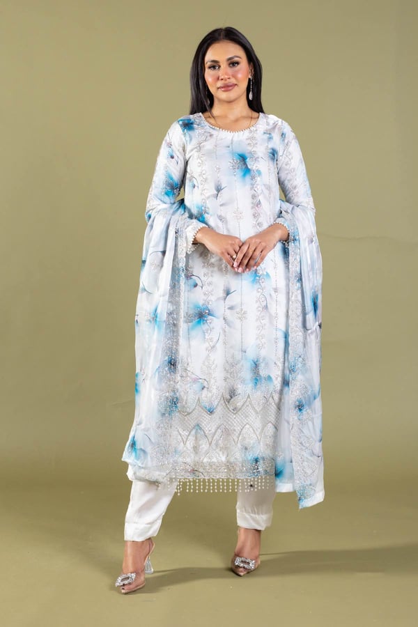 Maya luxe collection 3 piece embroidered suit - Blue, X - Large