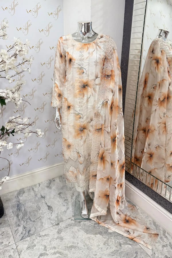 Maya luxe collection 3 piece embroidered suit - Orange, X - Large