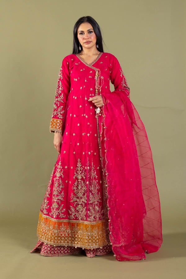 3 Piece angrakha style embroidered gown - DKPINK, X - Large