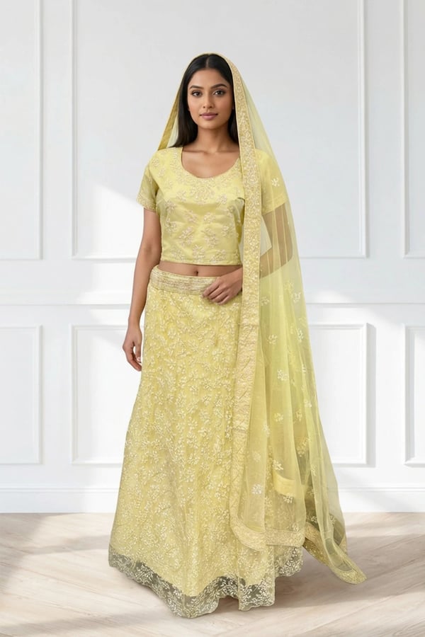 Shiffonz net embroidered lengha choli - Yellow, 38
